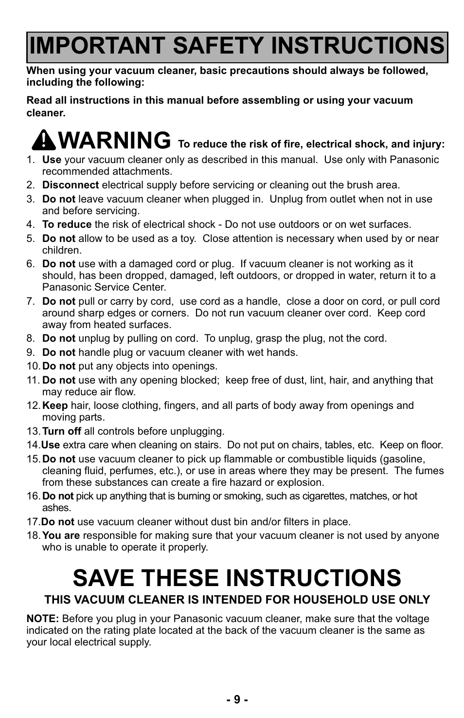 Important safety instructions, Warning, Save these instructions | Panasonic MC-UL423 User Manual | Page 9 / 68