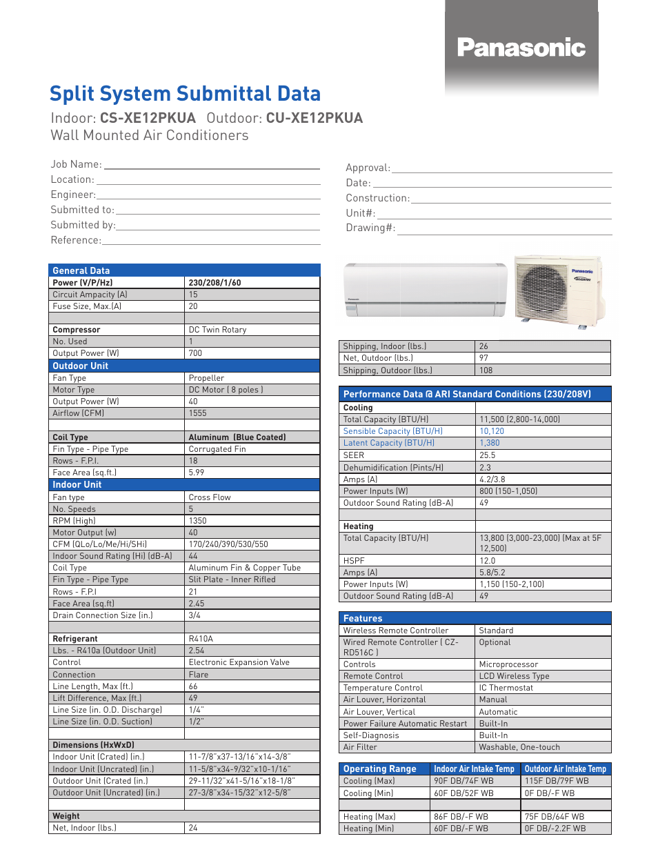 Panasonic CS-XE12PKUA User Manual | 2 pages