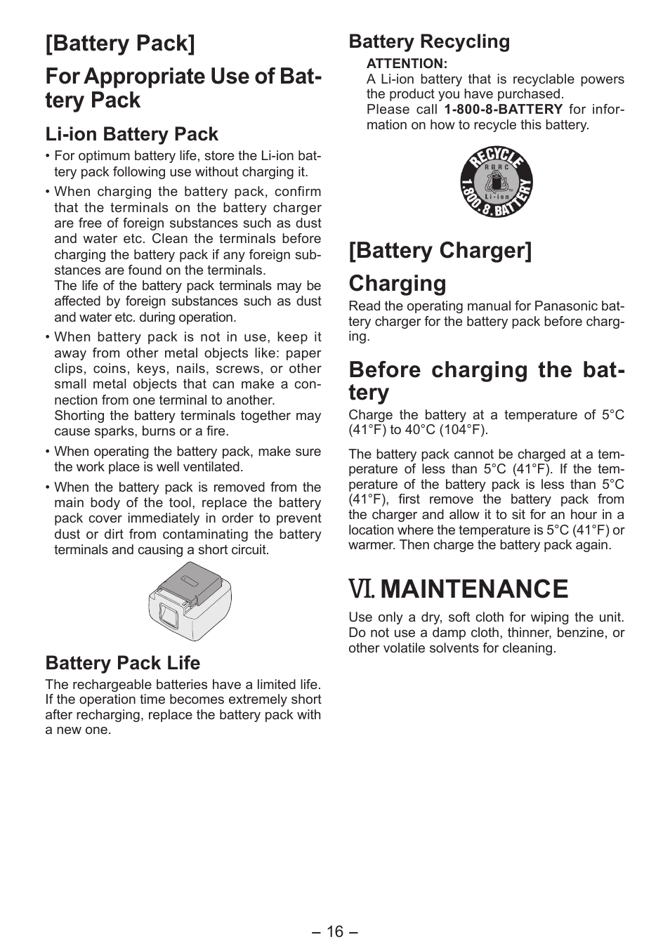 Maintenance, Battery charger] charging, Before charging the bat­ tery | Li­ion battery pack, Battery pack life, Battery recycling | Panasonic EYFLA6P User Manual | Page 16 / 56
