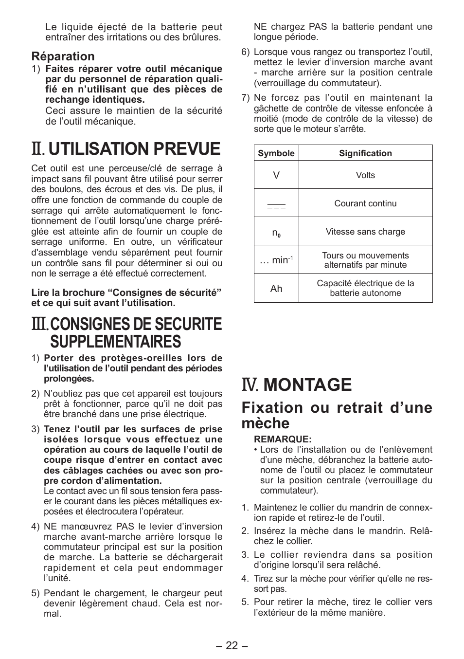 Utilisation prevue, Consignes de securite supplementaires, Montage | Fixation ou retrait d’une mèche | Panasonic EYFLA6P User Manual | Page 22 / 56