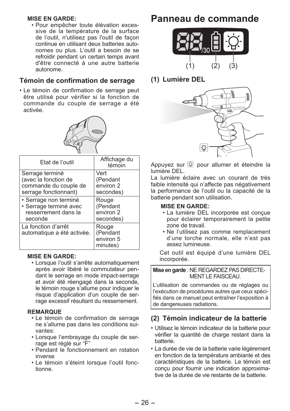 Panneau de commande | Panasonic EYFLA6P User Manual | Page 26 / 56