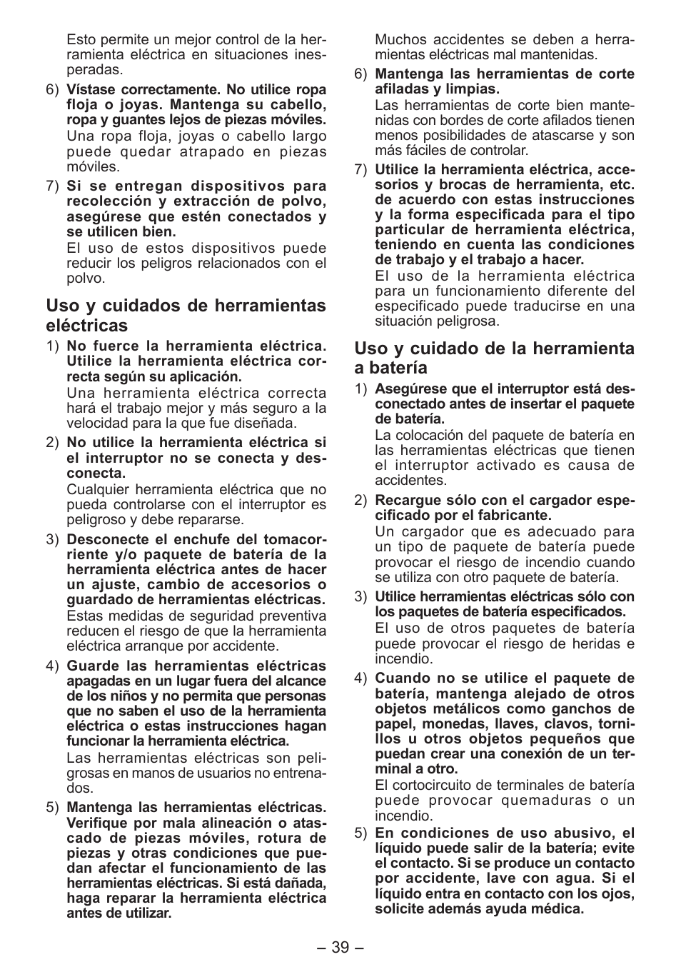 Uso y cuidados de herramientas eléctricas, Uso y cuidado de la herramienta a batería | Panasonic EYFLA6P User Manual | Page 39 / 56
