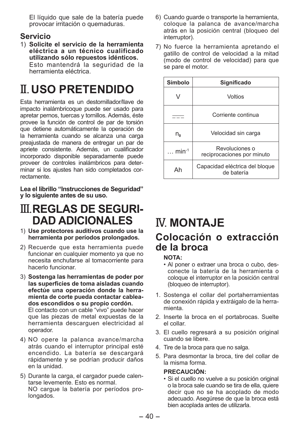 Uso pretendido, Reglas de seguri­ dad adicionales, Montaje | Colocación o extracción de la broca | Panasonic EYFLA6P User Manual | Page 40 / 56