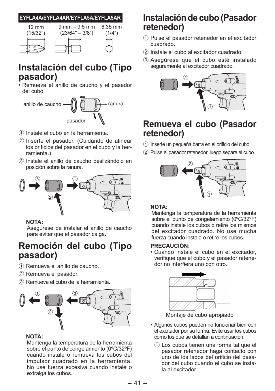 Instalación del cubo (tipo pasador), Remoción del cubo (tipo pasador), Instalación de cubo (pasador retenedor) | Remueva el cubo (pasador retenedor) | Panasonic EYFLA6P User Manual | Page 41 / 56