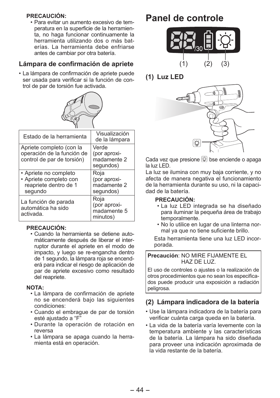 Panel de controle | Panasonic EYFLA6P User Manual | Page 44 / 56