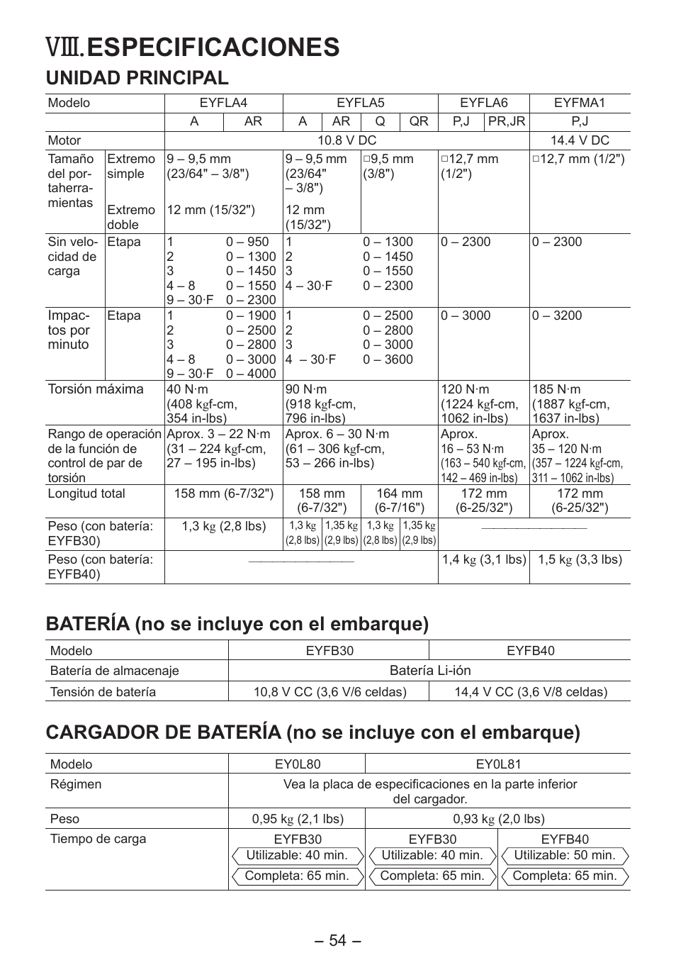 Viii, Especificaciones, Unidad principal | Batería (no se incluye con el embarque) | Panasonic EYFLA6P User Manual | Page 54 / 56