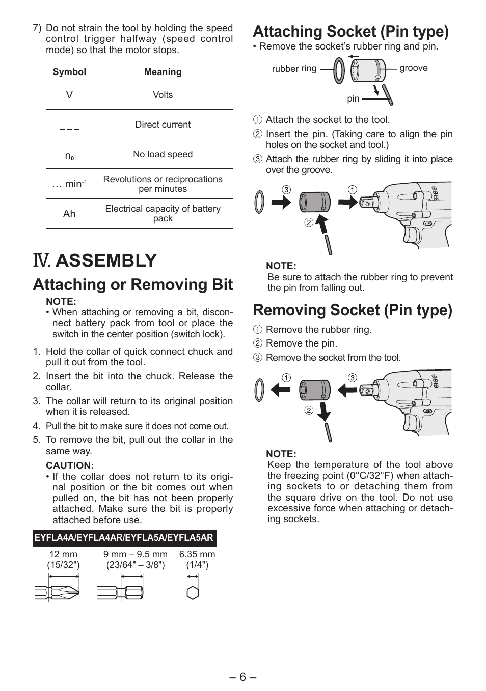 Assembly, Attaching or removing bit, Attaching socket (pin type) | Removing socket (pin type) | Panasonic EYFLA6P User Manual | Page 6 / 56