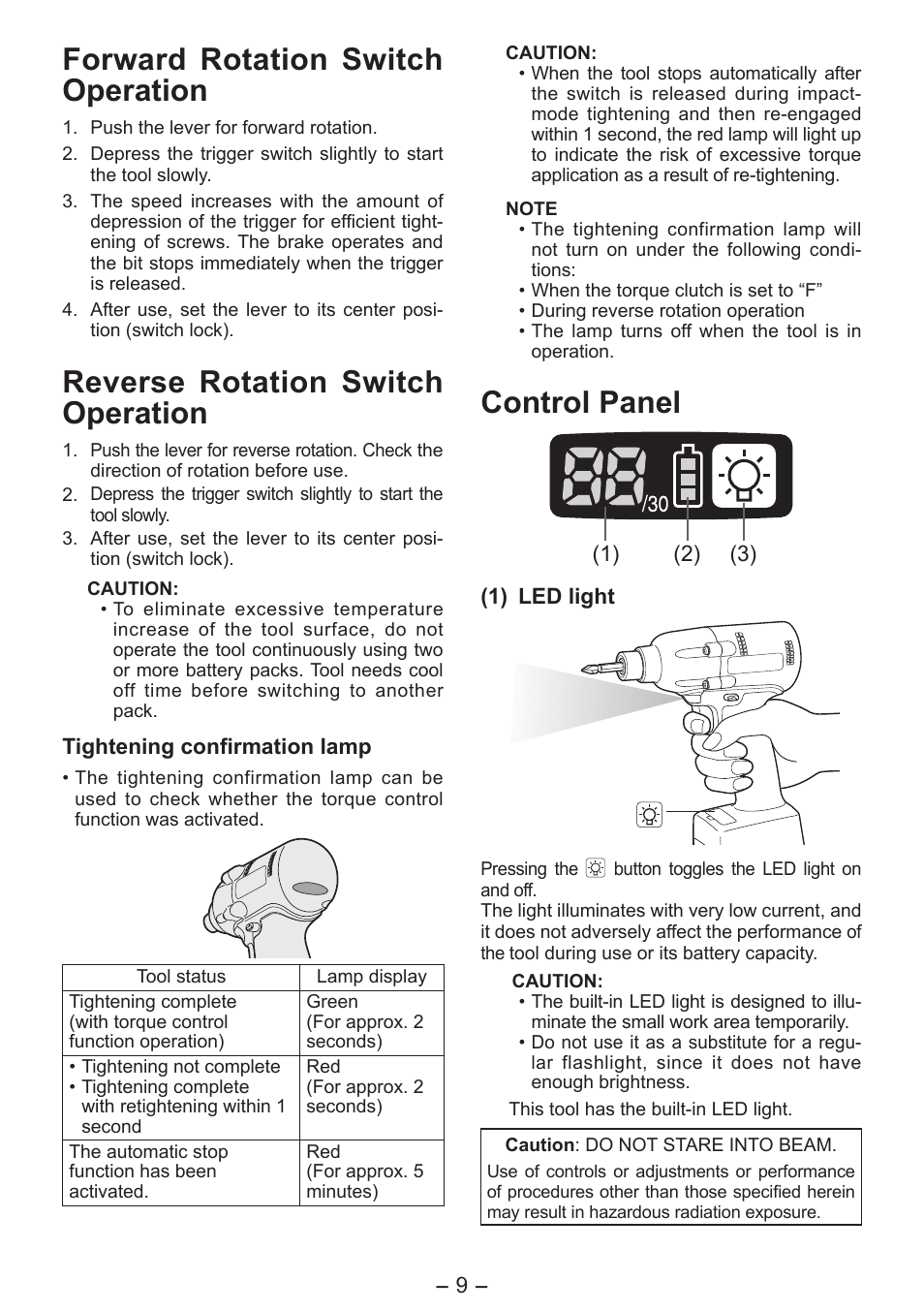 Forward rotation switch operation, Reverse rotation switch operation, Control panel | Panasonic EYFLA6P User Manual | Page 9 / 56