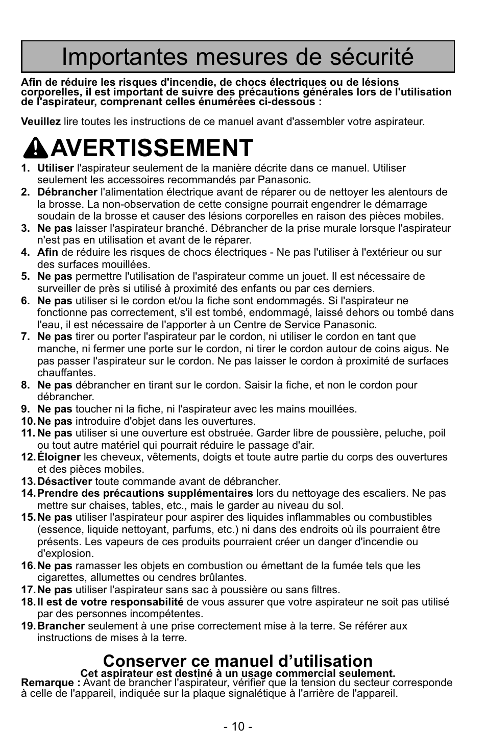 Importantes mesures de sécurité, Avertissement, Conserver ce manuel d’utilisation | Panasonic MC-GG529 User Manual | Page 10 / 64