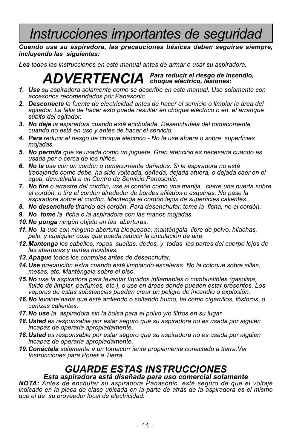 Instrucciones importantes de seguridad, Advertencia, Guarde estas instrucciones | Panasonic MC-GG529 User Manual | Page 11 / 64