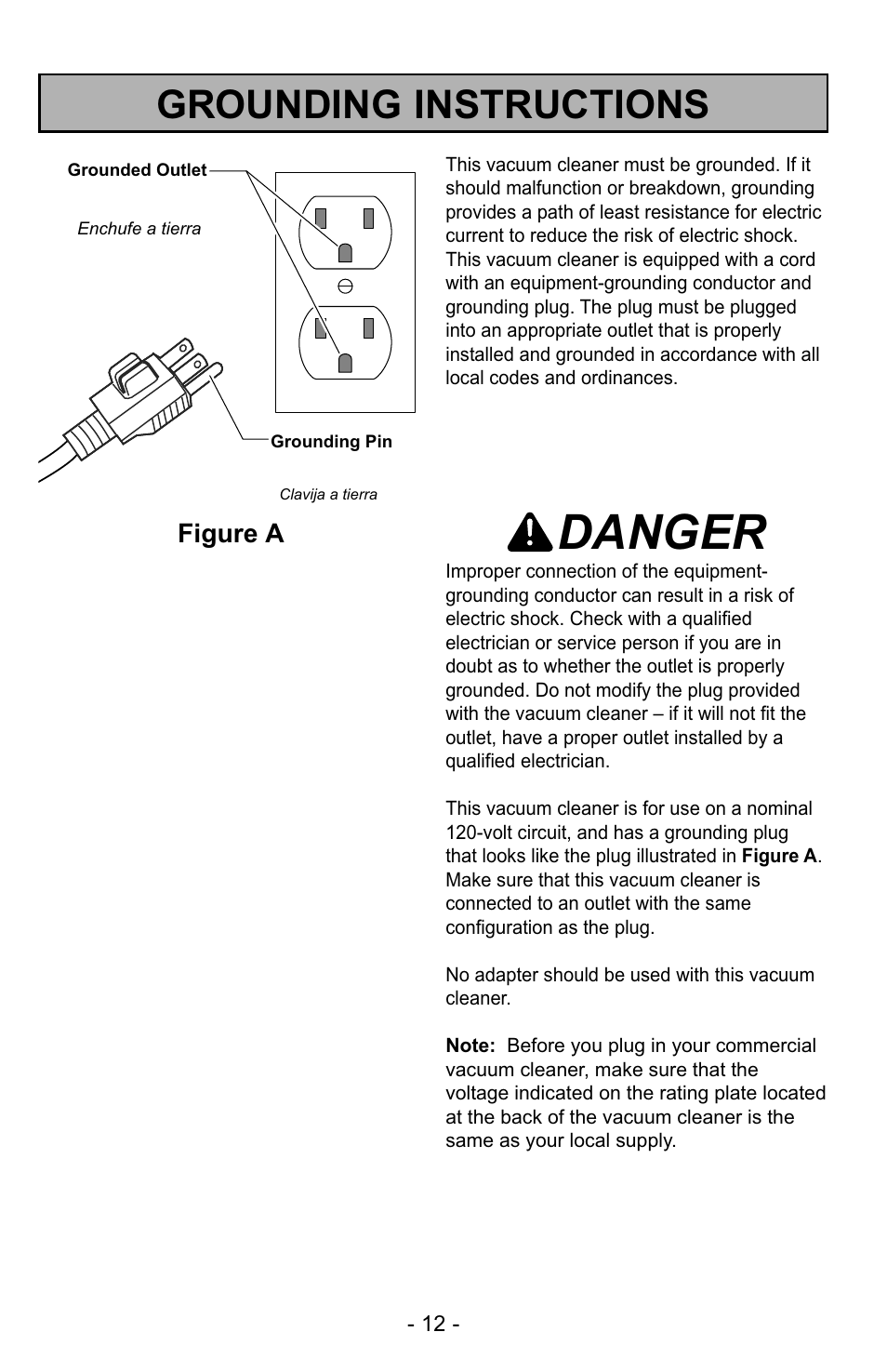 Grounding instructions, Danger, Figure a | Panasonic MC-GG529 User Manual | Page 12 / 64