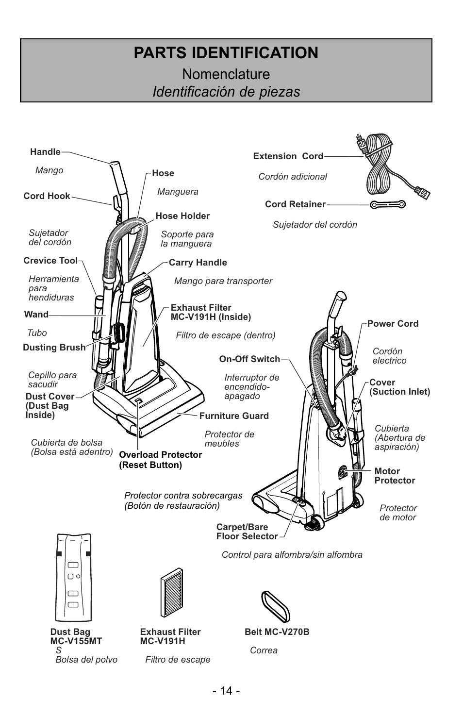 Parts identification, Nomenclature identificación de piezas | Panasonic MC-GG529 User Manual | Page 14 / 64