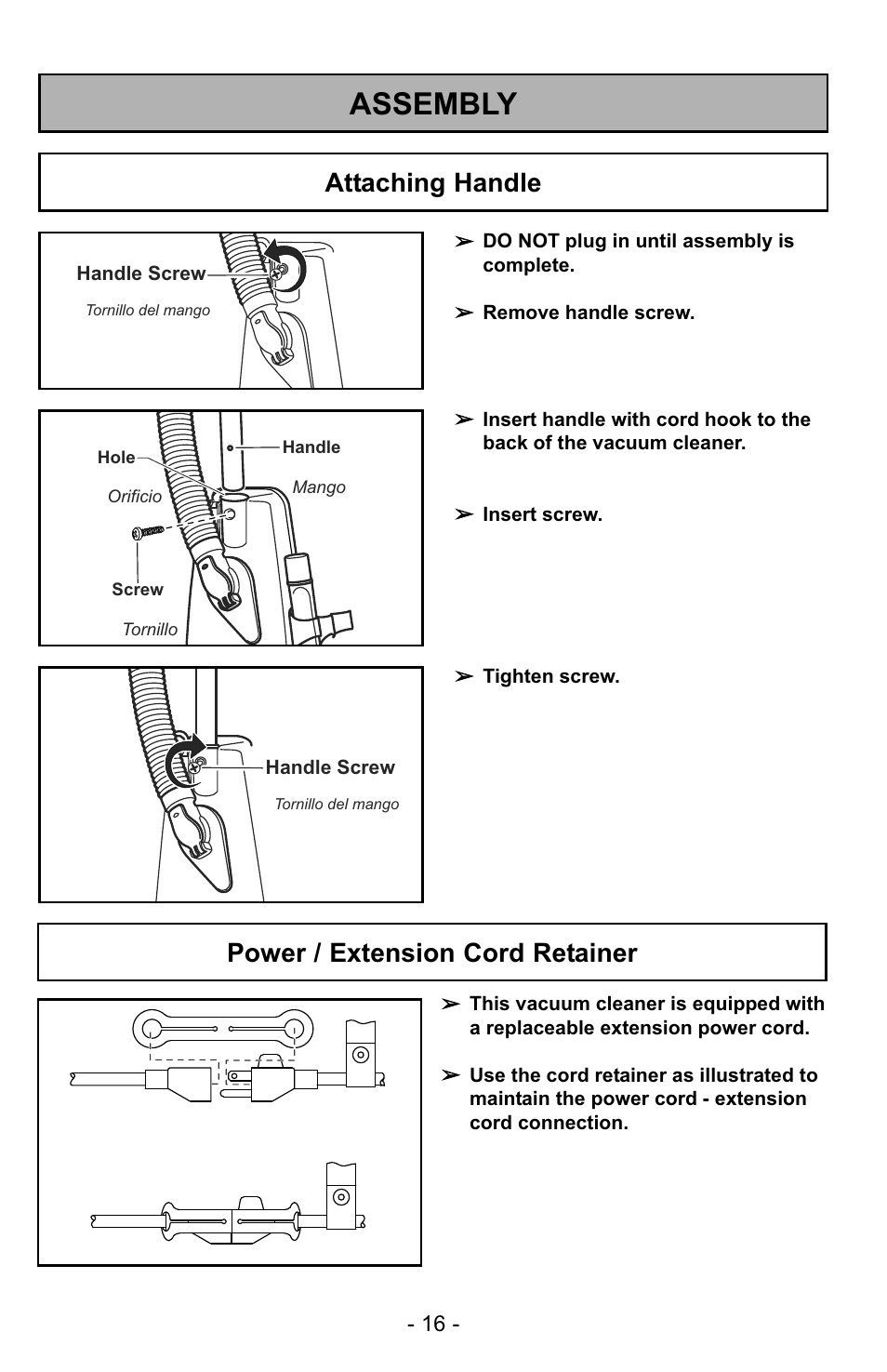 Assembly, Attaching handle, Power / extension cord retainer | Panasonic MC-GG529 User Manual | Page 16 / 64