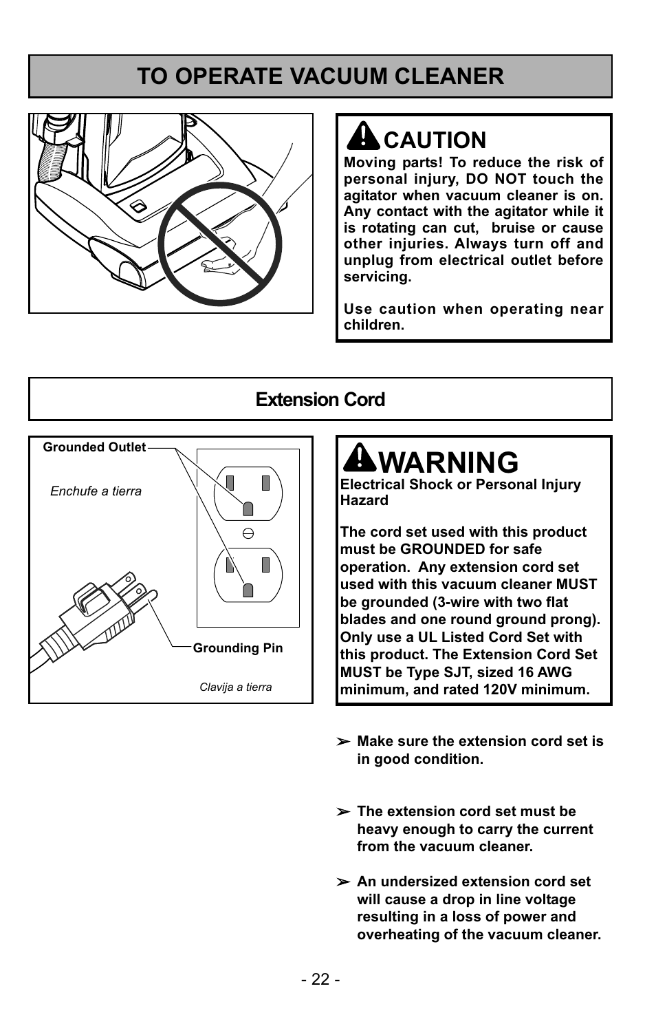 To operate vacuum cleaner, Power cord, Warning | Caution, Extension cord | Panasonic MC-GG529 User Manual | Page 22 / 64