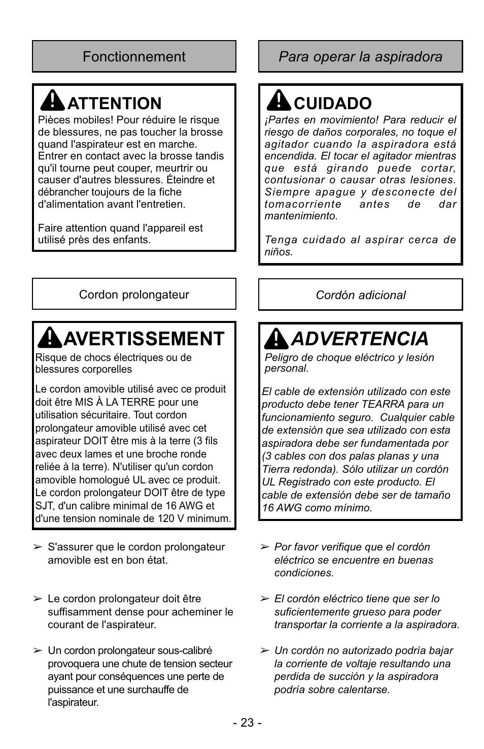 Avertissement, Advertencia, Attention | Cuidado, Para operar la aspiradora fonctionnement | Panasonic MC-GG529 User Manual | Page 23 / 64