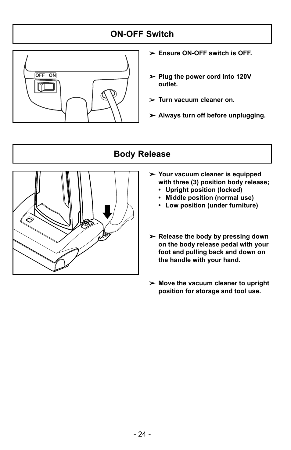 On-off switch, Body release | Panasonic MC-GG529 User Manual | Page 24 / 64