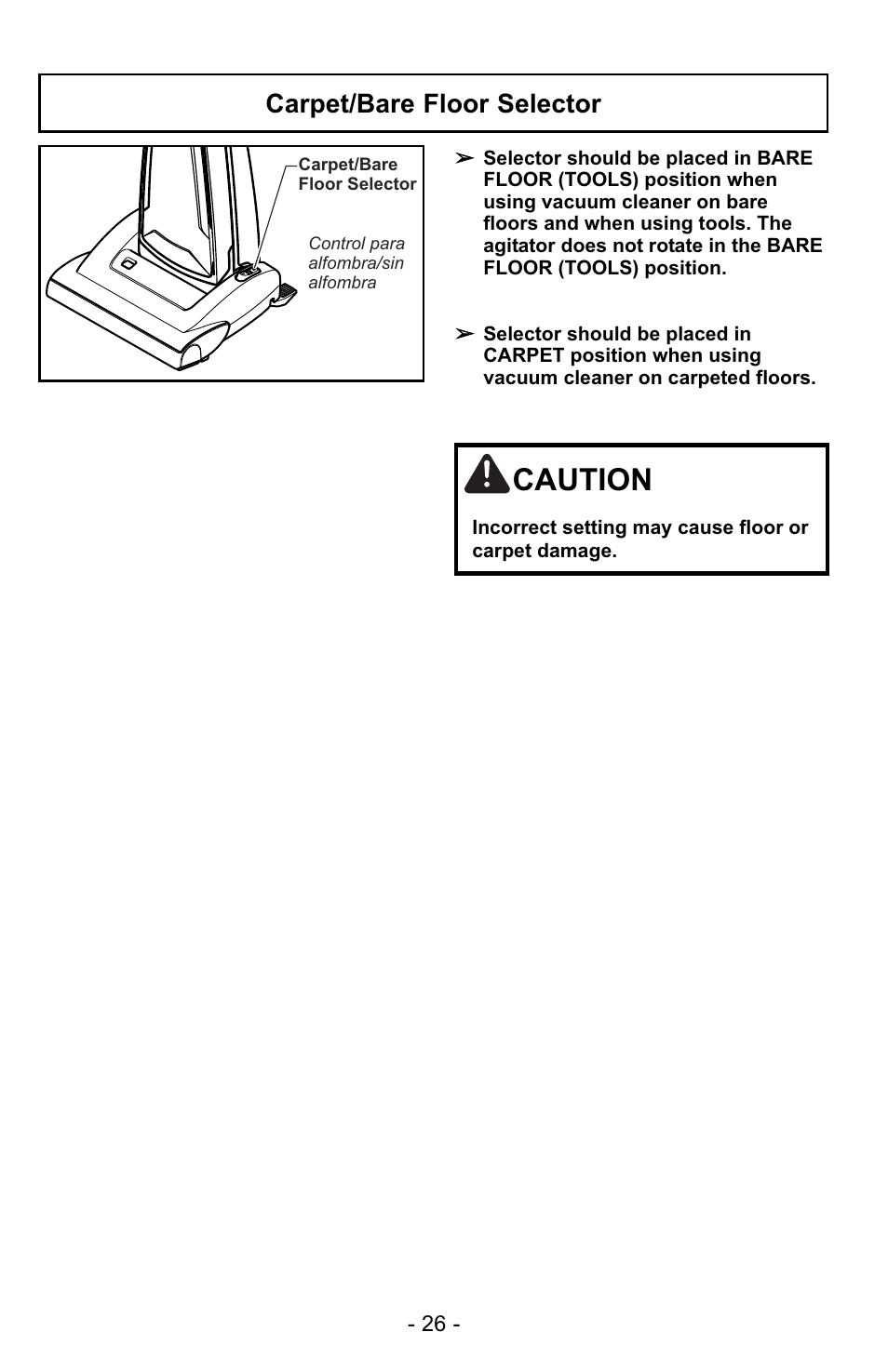 Carpet/bare floor selector, Caution | Panasonic MC-GG529 User Manual | Page 26 / 64