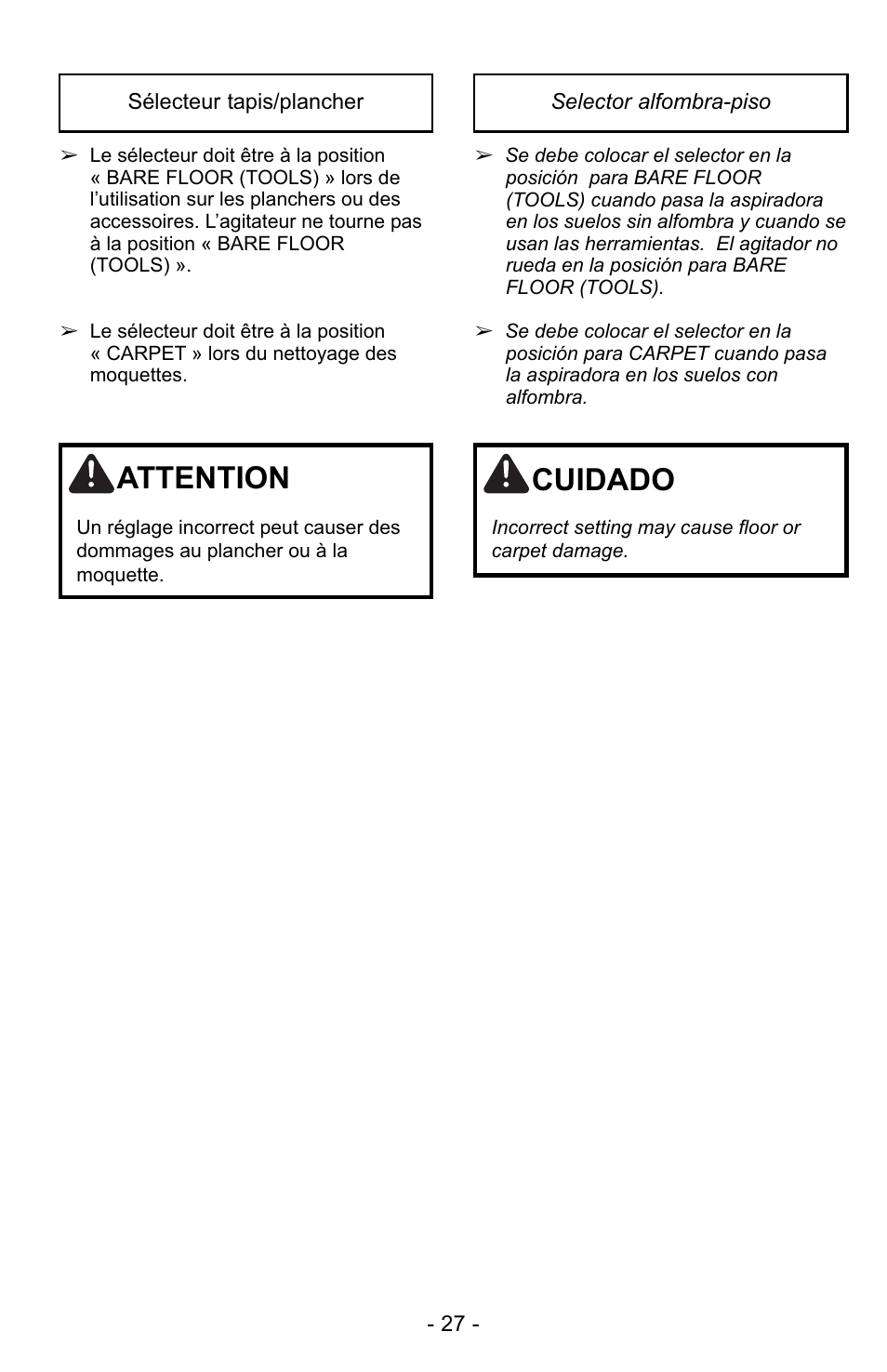 Attention, Cuidado | Panasonic MC-GG529 User Manual | Page 27 / 64