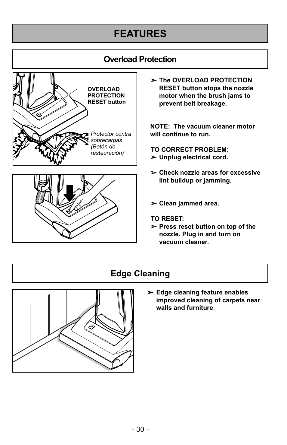 Features, Overload protection, Edge cleaning | Panasonic MC-GG529 User Manual | Page 30 / 64