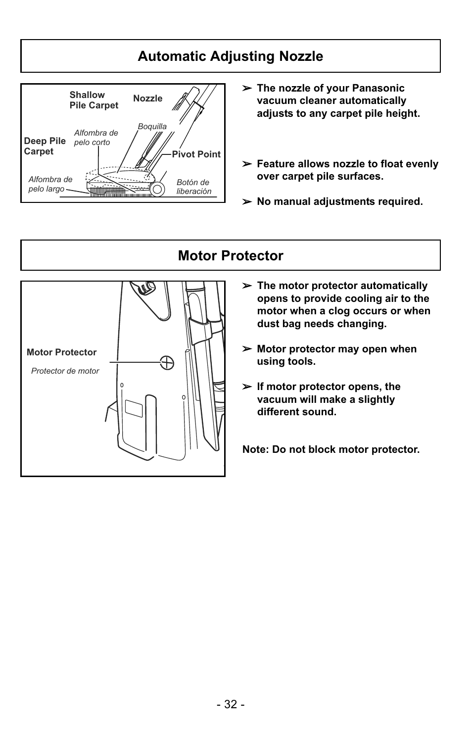 Automatic adjusting nozzle, Motor protector | Panasonic MC-GG529 User Manual | Page 32 / 64