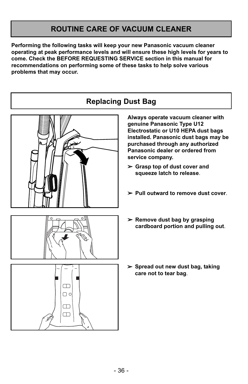 Routine care of vacuum cleaner, Replacing dust bag | Panasonic MC-GG529 User Manual | Page 36 / 64