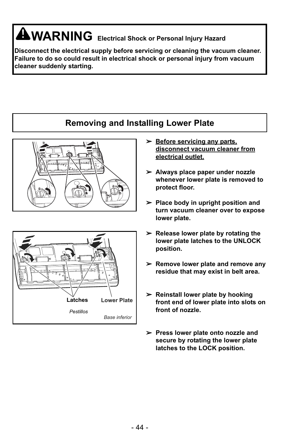 Removing and installing lower plate, Warning | Panasonic MC-GG529 User Manual | Page 44 / 64