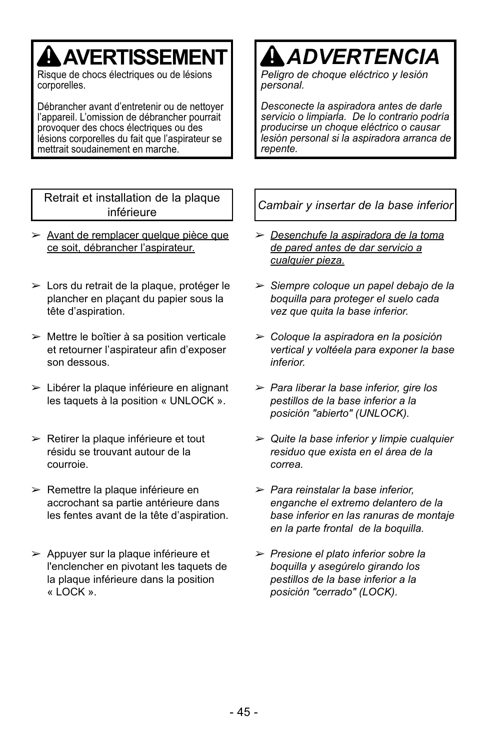 Avertissement, Advertencia | Panasonic MC-GG529 User Manual | Page 45 / 64