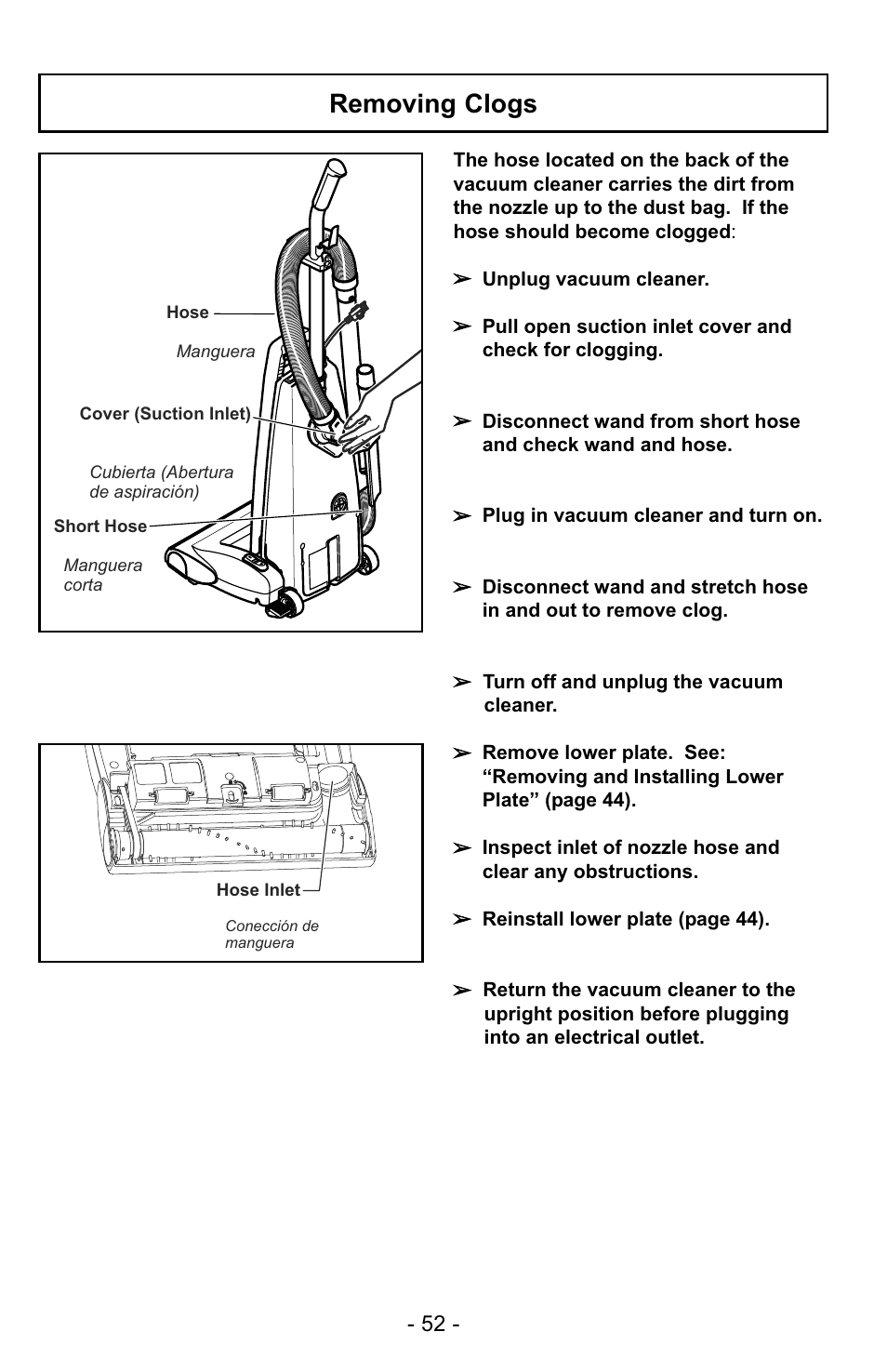 Removing clogs | Panasonic MC-GG529 User Manual | Page 52 / 64