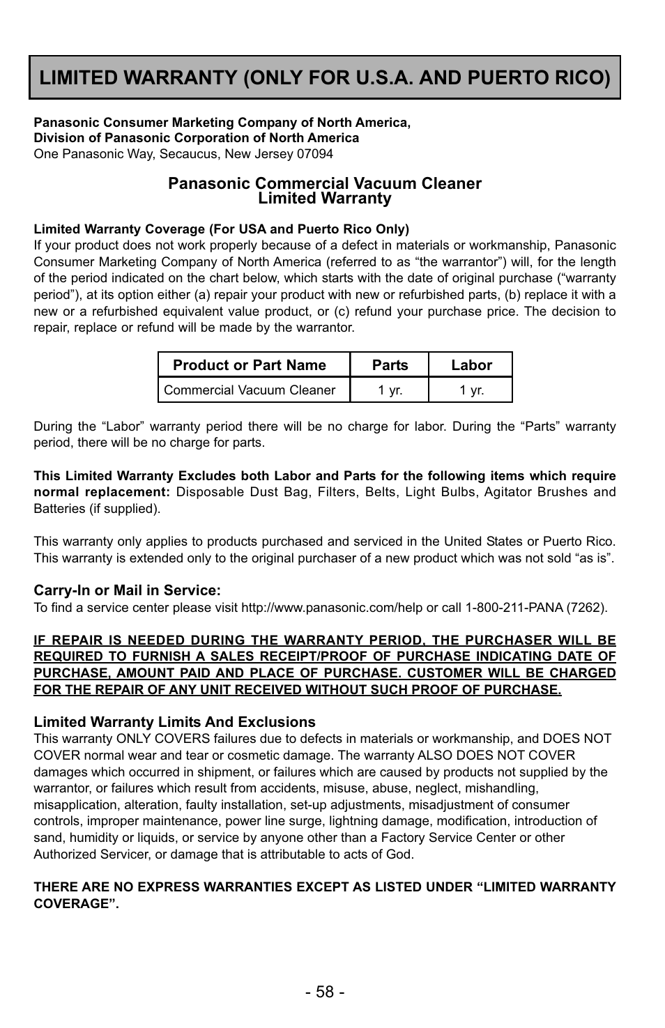 Warranty, Limited warranty (only for u.s.a. and puerto rico) | Panasonic MC-GG529 User Manual | Page 58 / 64