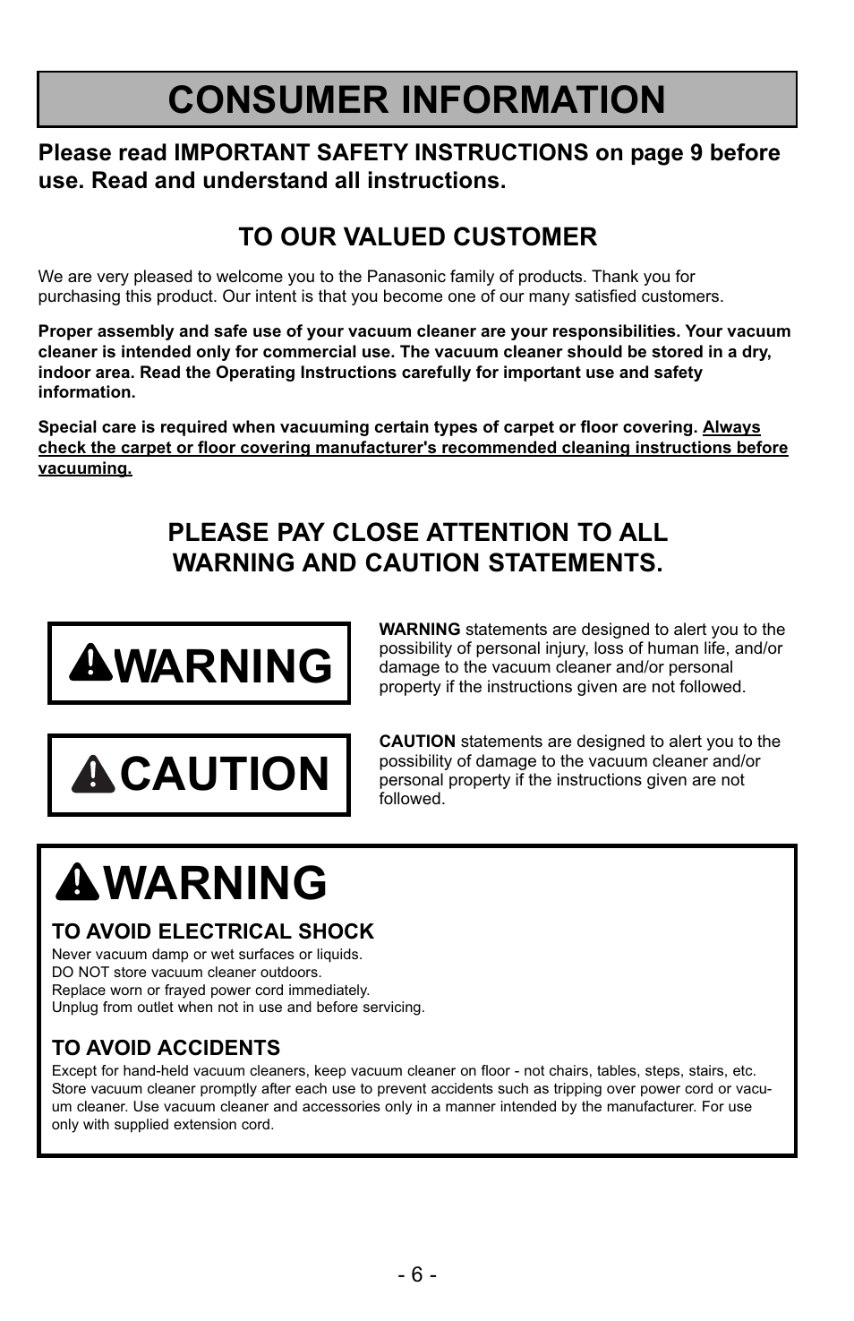 Consumer information, Warning, Caution | Panasonic MC-GG529 User Manual | Page 6 / 64