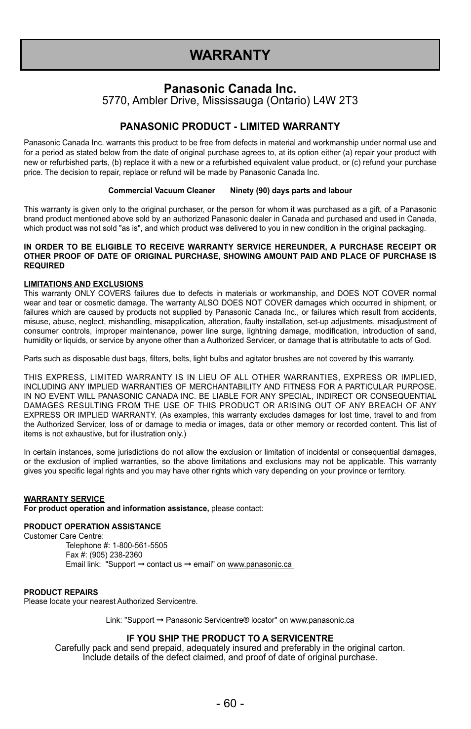 Warranty, Panasonic canada inc | Panasonic MC-GG529 User Manual | Page 60 / 64