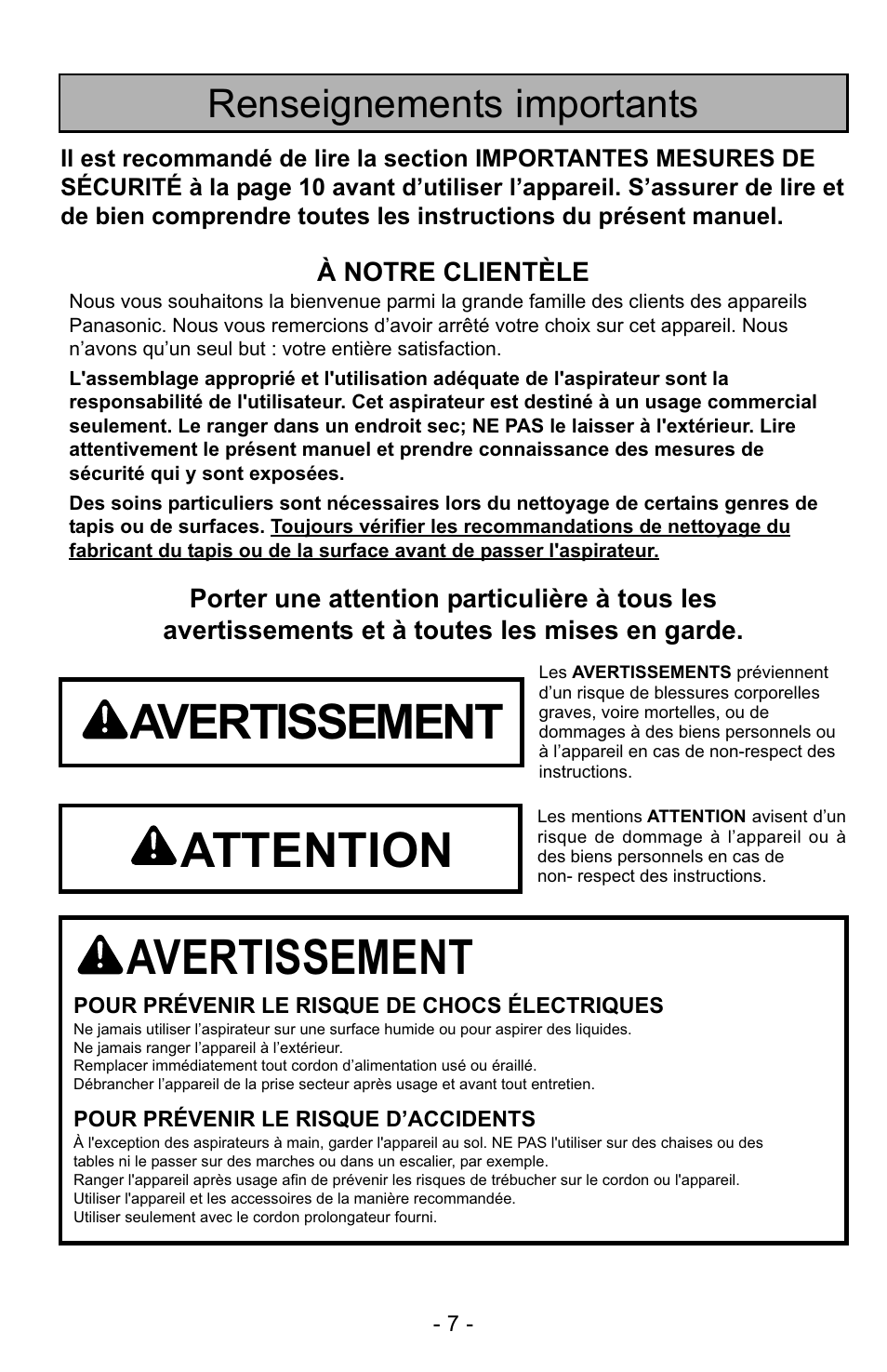 Avertissement, Attention, Renseignements importants | Panasonic MC-GG529 User Manual | Page 7 / 64