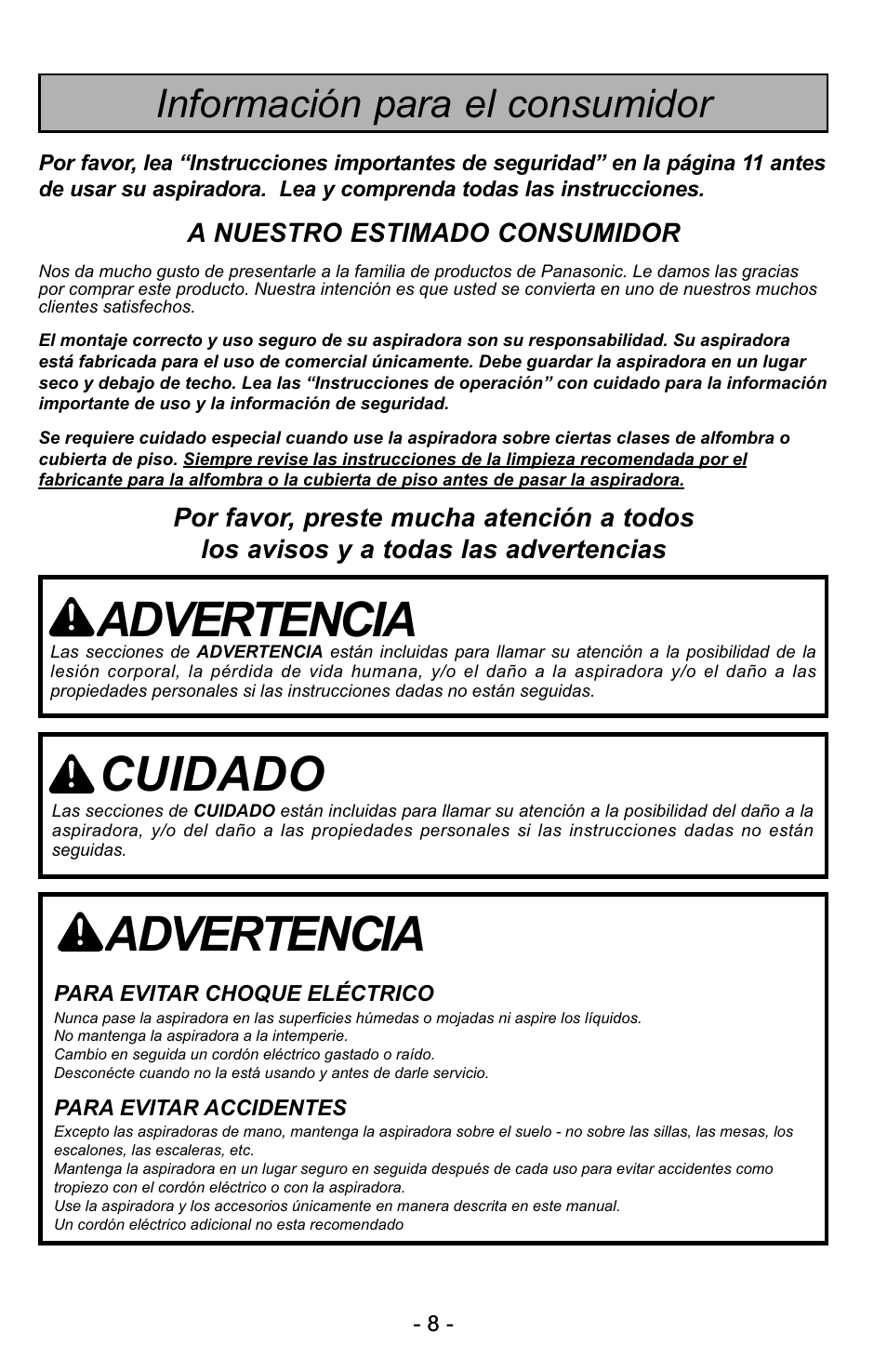 Advertencia, Cuidado, Información para el consumidor | Panasonic MC-GG529 User Manual | Page 8 / 64