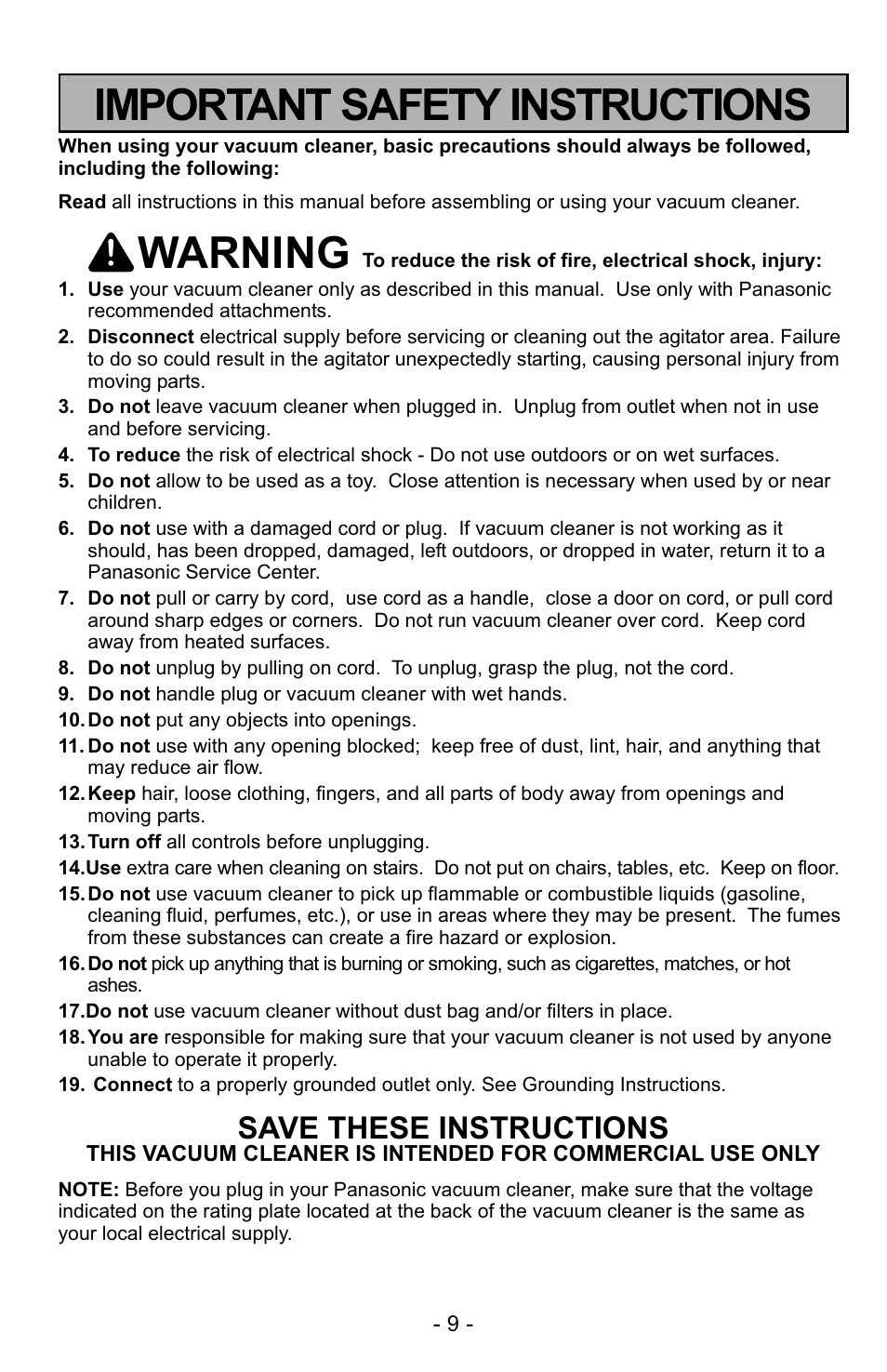 Important safety instructions, Warning, Save these instructions | Panasonic MC-GG529 User Manual | Page 9 / 64