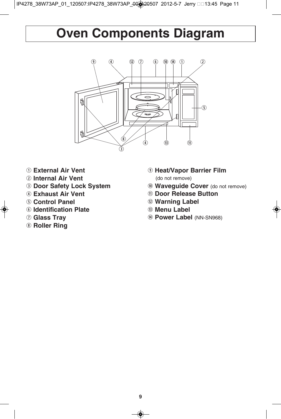 Oven components diagram | Panasonic NN-SN942B User Manual | Page 11 / 60