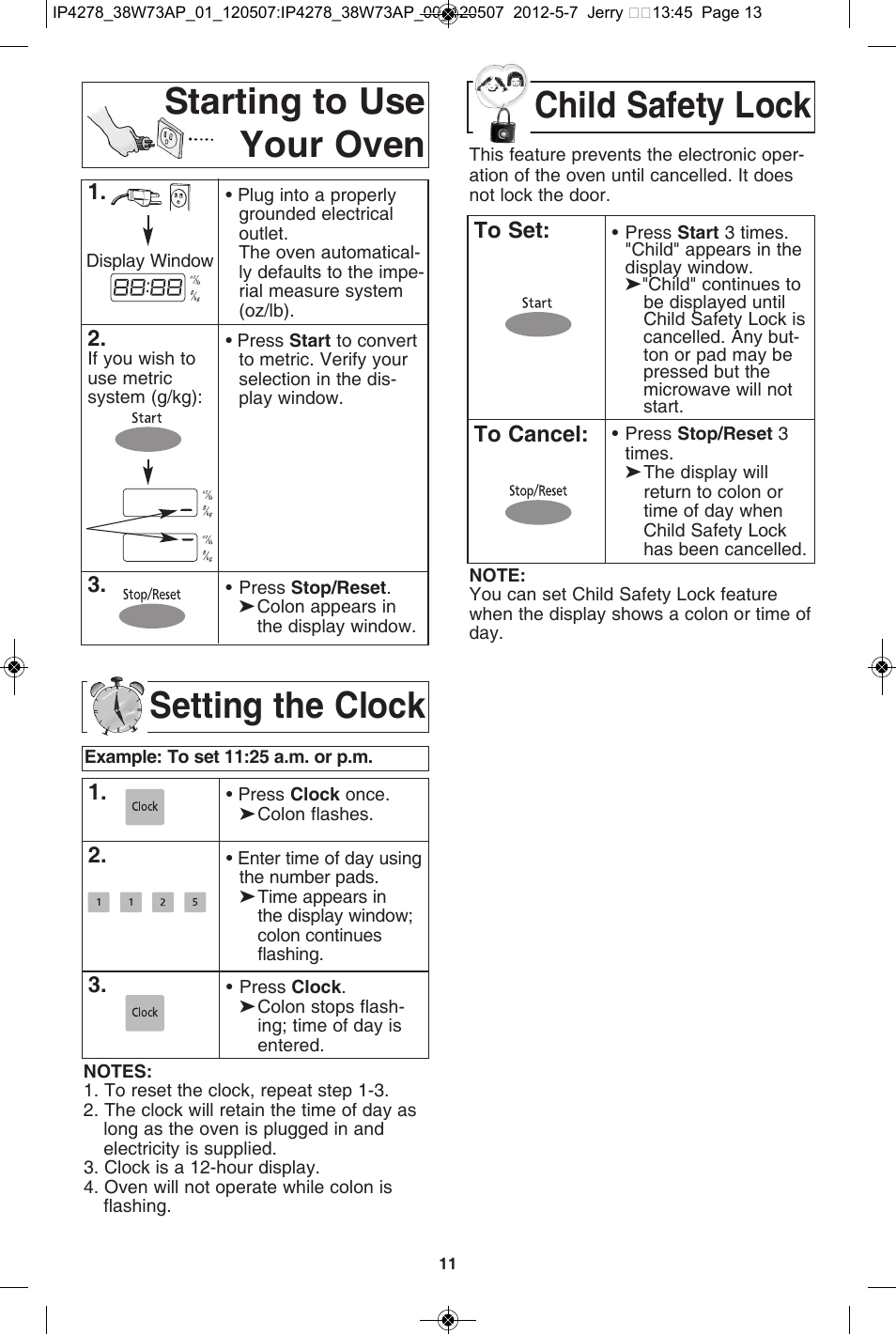 Setting the clock, Starting to use your oven, Child safety lock | Panasonic NN-SN942B User Manual | Page 13 / 60