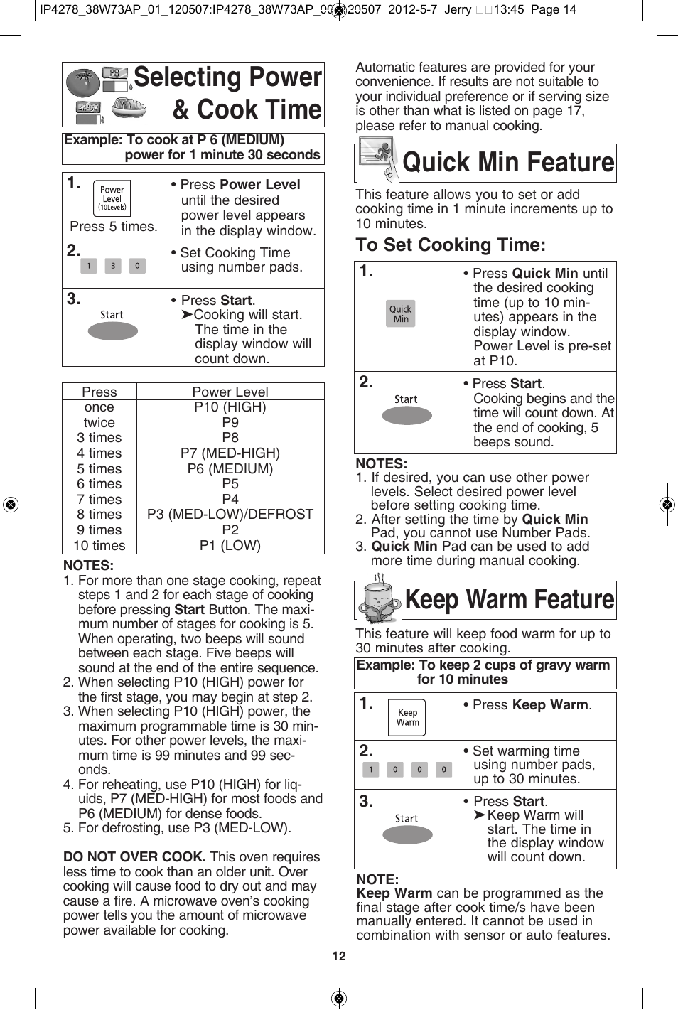 Selecting power & cook time, Quick min feature, Keep warm feature | Panasonic NN-SN942B User Manual | Page 14 / 60