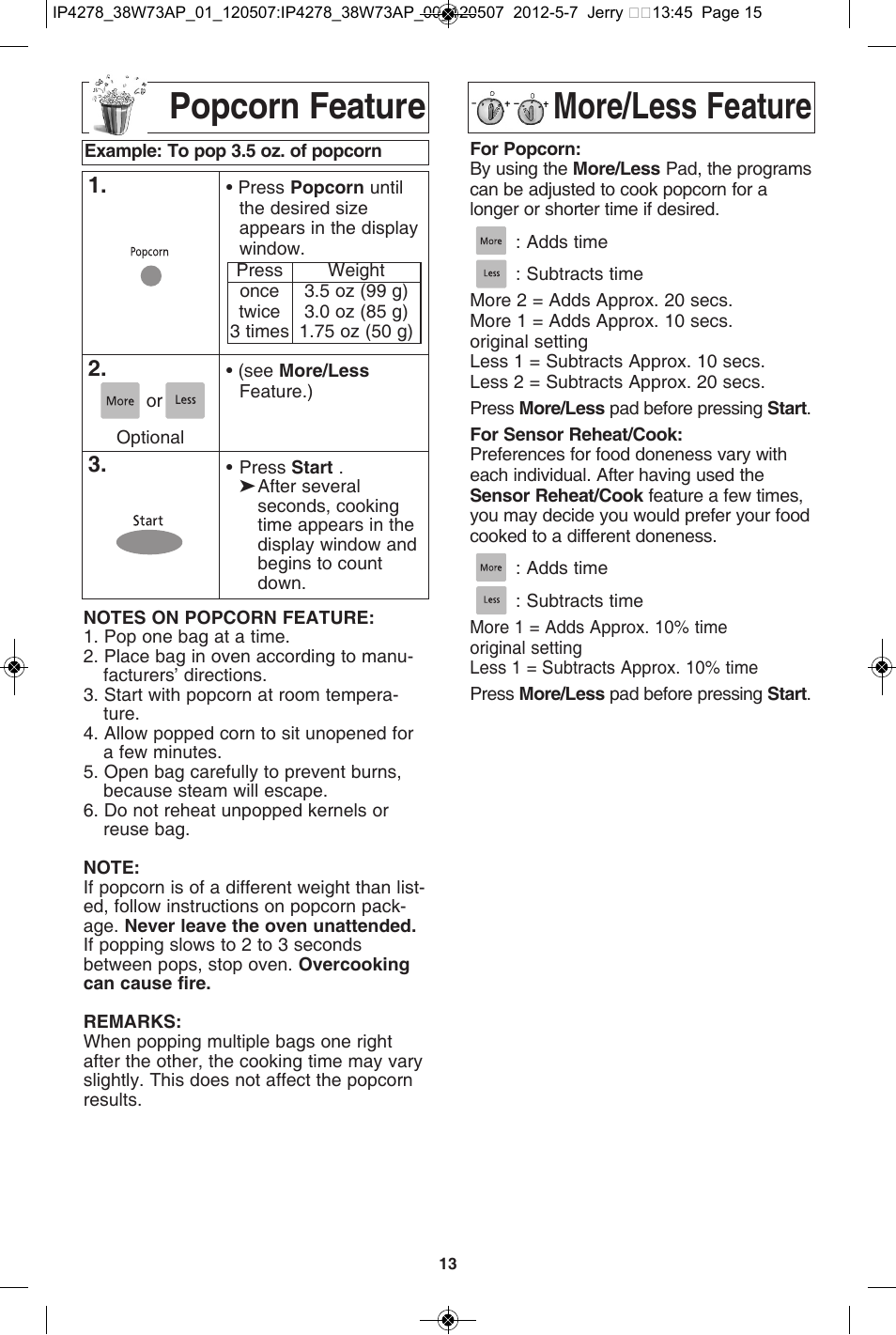 Popcorn feature more/less feature | Panasonic NN-SN942B User Manual | Page 15 / 60