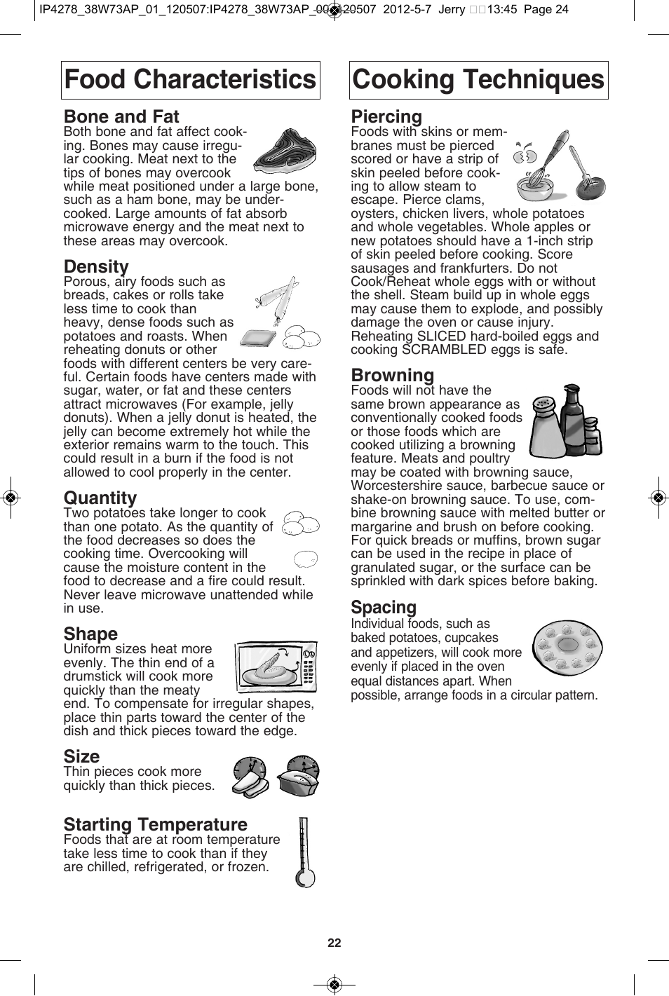 Food characteristics cooking techniques, Bone and fat, Density | Quantity, Shape, Size, Starting temperature, Piercing, Browning, Spacing | Panasonic NN-SN942B User Manual | Page 24 / 60