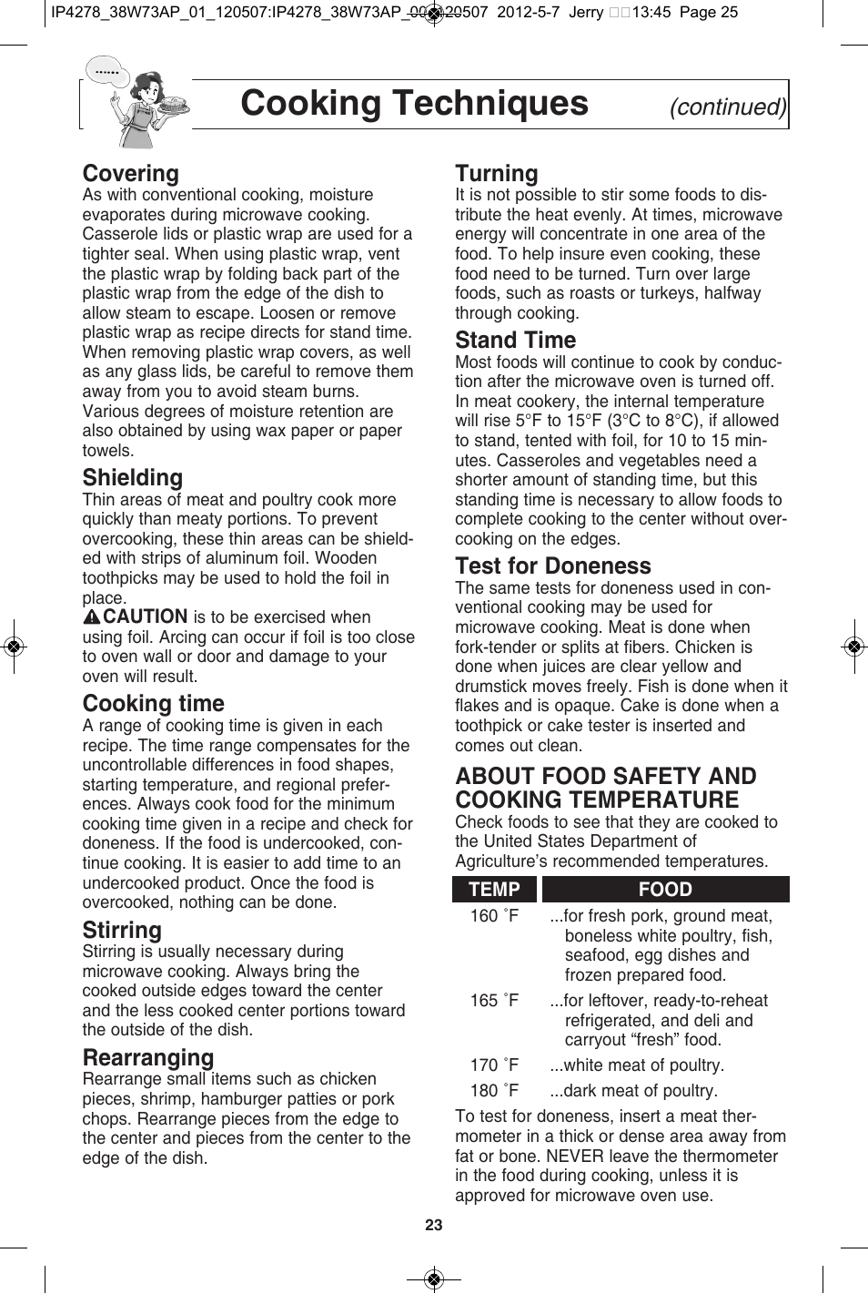 Cooking techniques, Continued) covering, Shielding | Cooking time, Stirring, Rearranging, Turning, Stand time, Test for doneness, About food safety and cooking temperature | Panasonic NN-SN942B User Manual | Page 25 / 60