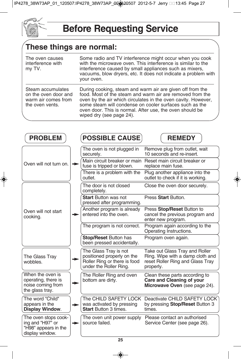 Before requesting service, These things are normal, Problem possible cause remedy | Panasonic NN-SN942B User Manual | Page 27 / 60
