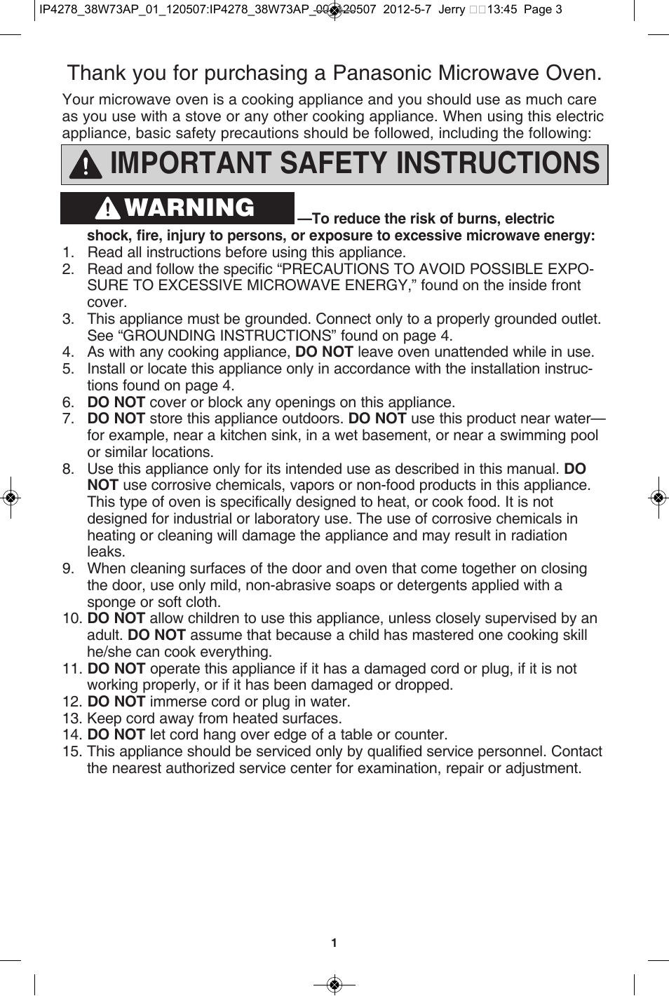 Important safety instructions, Warning | Panasonic NN-SN942B User Manual | Page 3 / 60