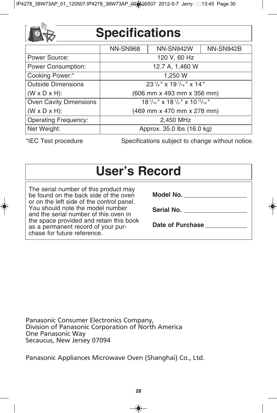 User’s record, Specifications | Panasonic NN-SN942B User Manual | Page 30 / 60