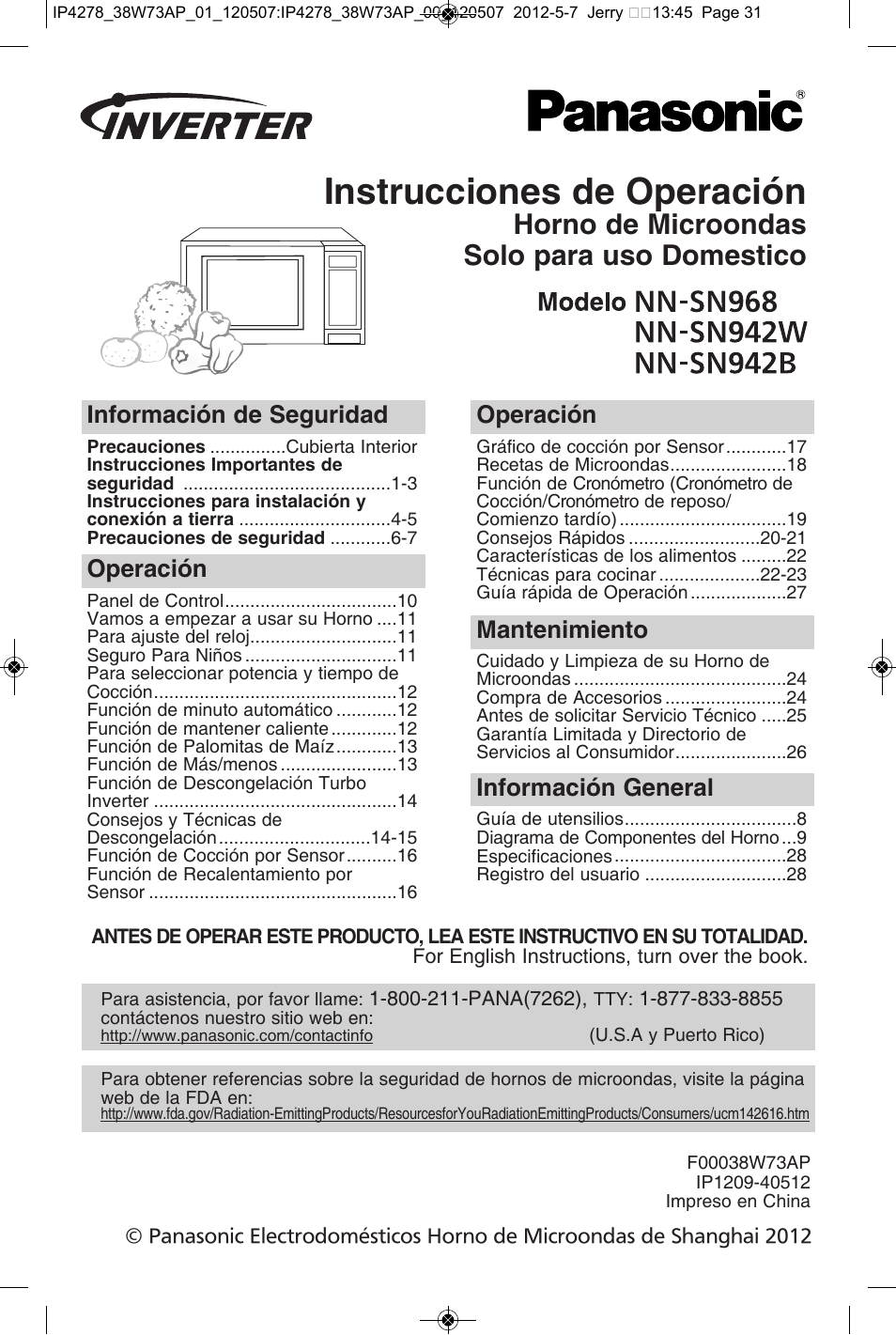 Instrucciones de operación, Información de seguridad, Operación | Mantenimiento información general | Panasonic NN-SN942B User Manual | Page 31 / 60