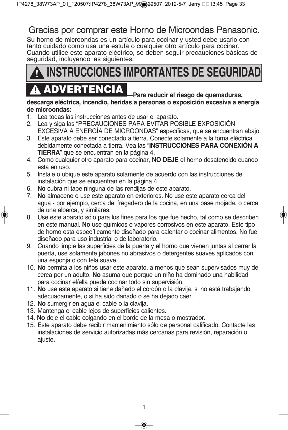 Instrucciones importantes de seguridad, Advertencia | Panasonic NN-SN942B User Manual | Page 33 / 60
