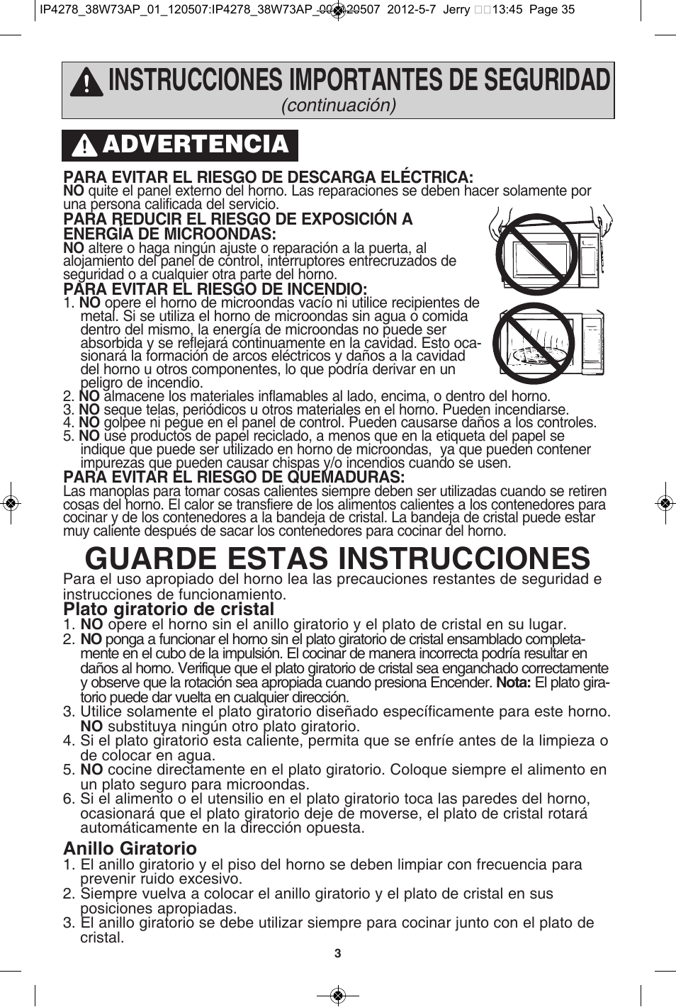 Instrucciones importantes de seguridad, Guarde estas instrucciones, Advertencia | Panasonic NN-SN942B User Manual | Page 35 / 60