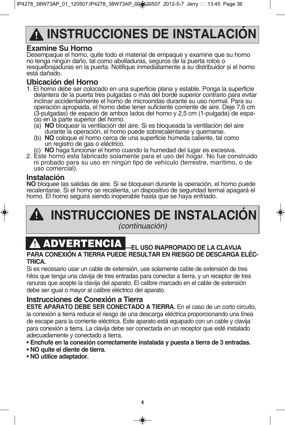 Instrucciones de instalación, Advertencia | Panasonic NN-SN942B User Manual | Page 36 / 60