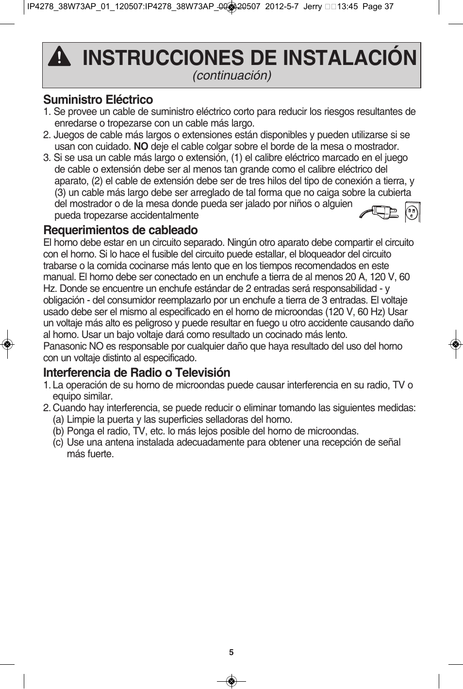 Instrucciones de instalación | Panasonic NN-SN942B User Manual | Page 37 / 60