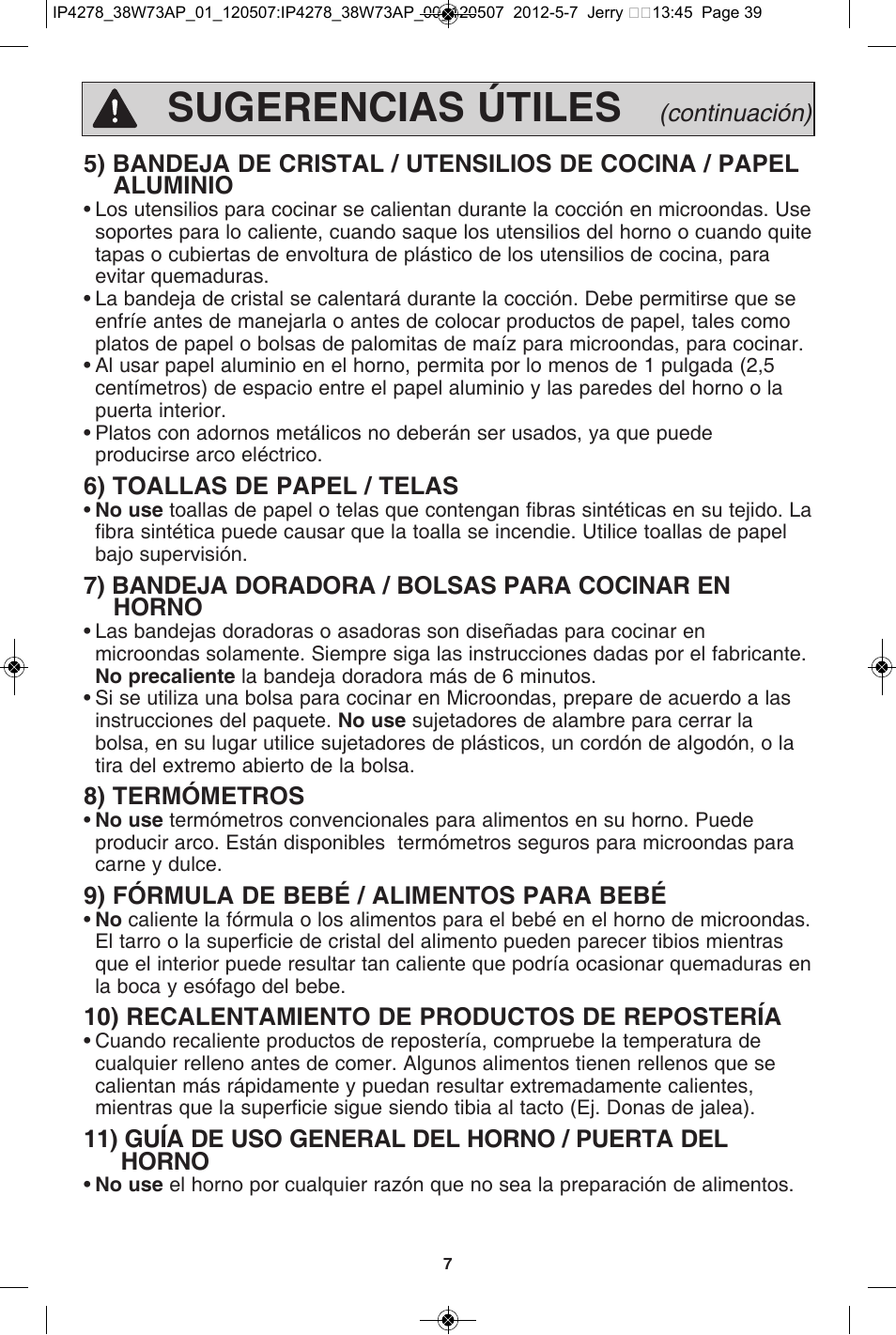 Sugerencias útiles | Panasonic NN-SN942B User Manual | Page 39 / 60