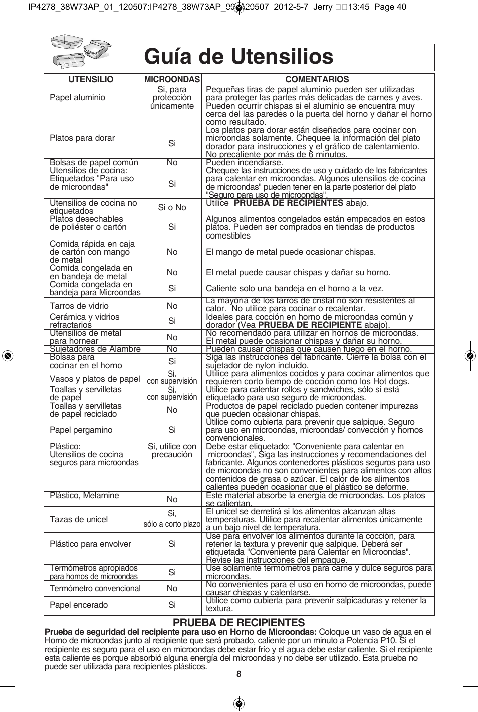 Guía de utensilios, Prueba de recipientes | Panasonic NN-SN942B User Manual | Page 40 / 60